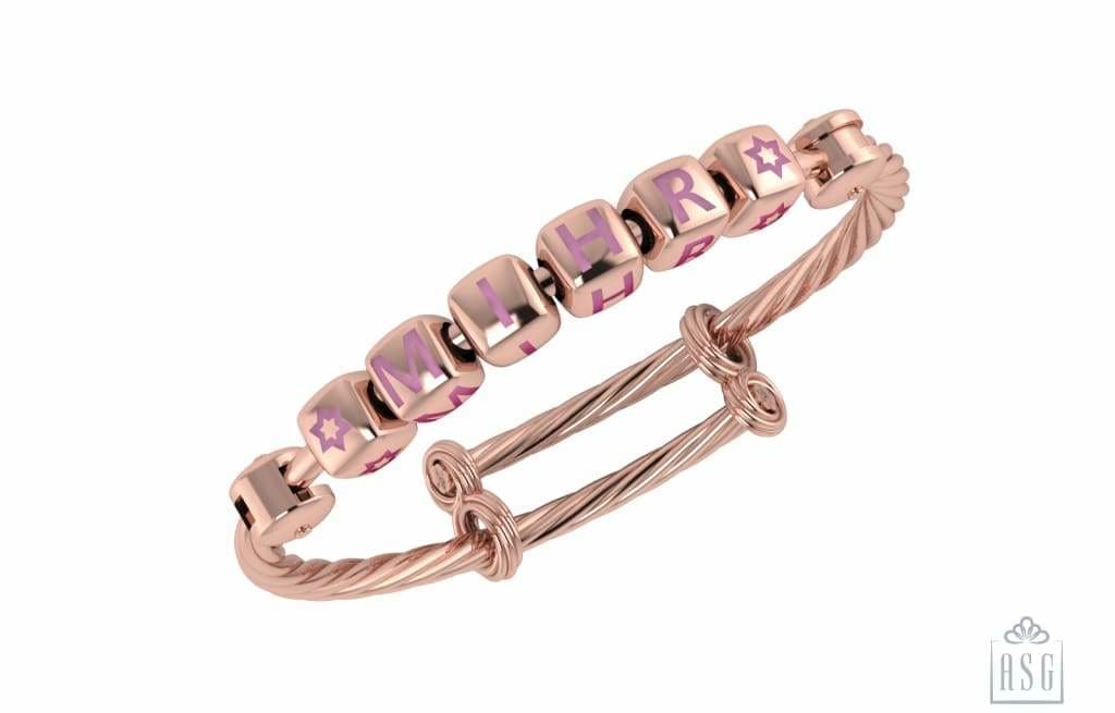 Sterling Silver 18 Kt Pink Gold Plated Dice Babykubes On Twisted Pipe Adjustable Bracelet Kada