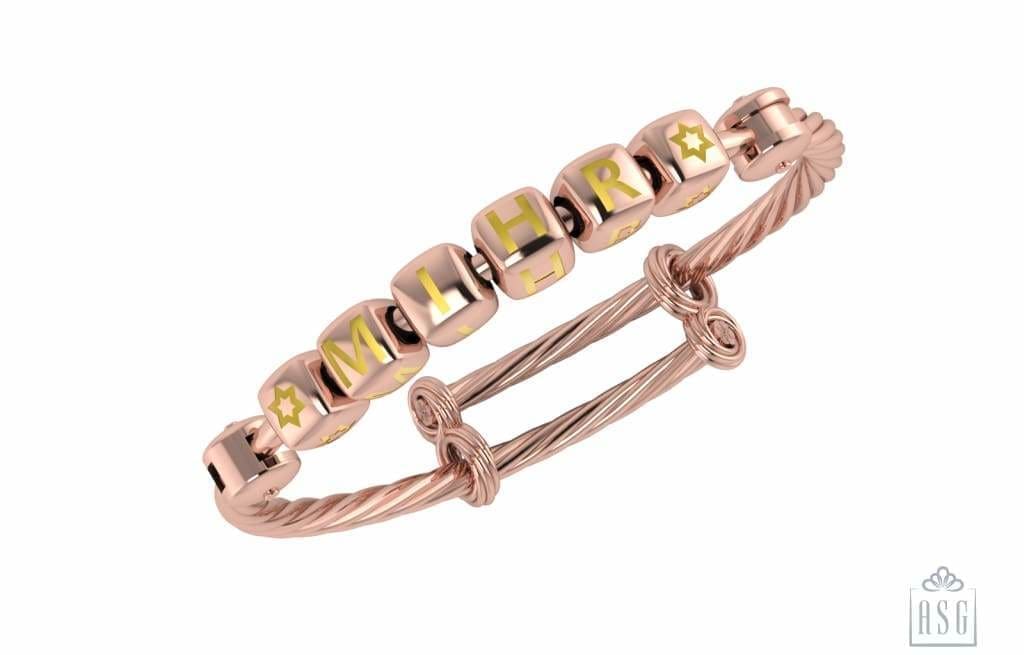 Sterling Silver 18 Kt Pink Gold Plated Dice Babykubes On Twisted Pipe Adjustable Bracelet Kada