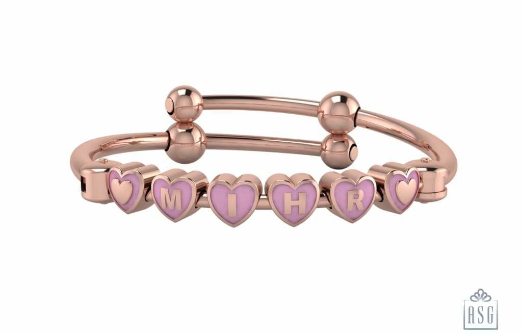 Sterling Silver 18 Kt Pink Gold Plated Heart Babykubes On Plain Pipe Adjustable Bracelet Kada