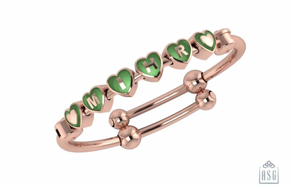 Sterling Silver 18 Kt Pink Gold Plated Heart Babykubes On Plain Pipe Adjustable Bracelet Kada Green