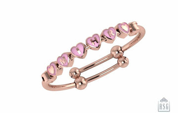 Sterling Silver 18 Kt Pink Gold Plated Heart Babykubes On Plain Pipe Adjustable Bracelet Kada