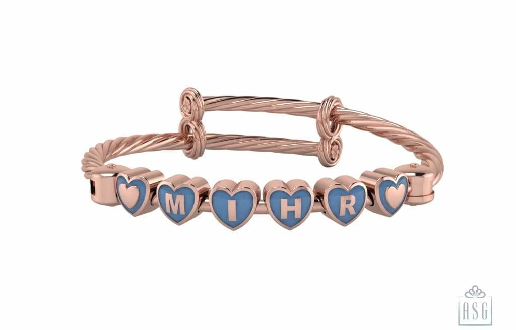 Sterling Silver 18 Kt Pink Gold Plated Heart Babykubes On Twisted Pipe Adjustable Bracelet Kada