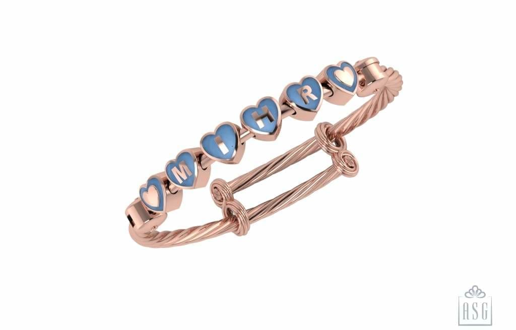 Sterling Silver 18 Kt Pink Gold Plated Heart Babykubes On Twisted Pipe Adjustable Bracelet Kada Blue