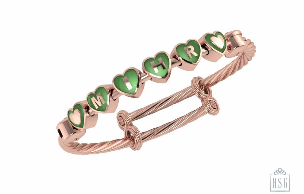 Sterling Silver 18 Kt Pink Gold Plated Heart Babykubes On Twisted Pipe Adjustable Bracelet Kada