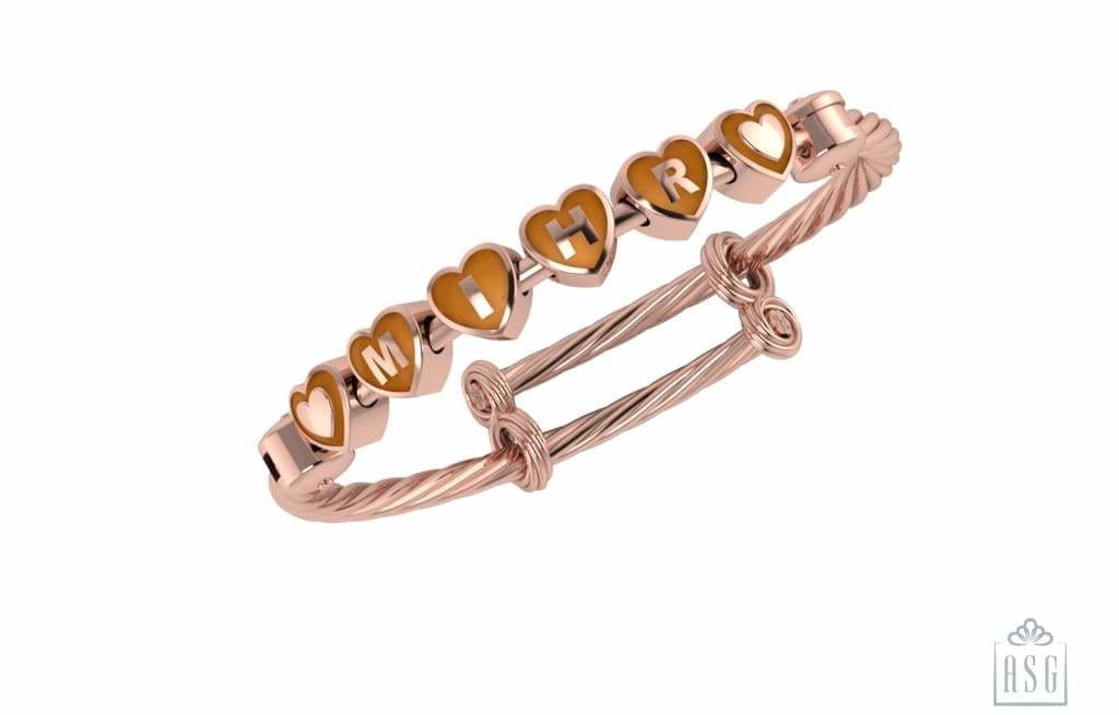 Sterling Silver 18 Kt Pink Gold Plated Heart Babykubes On Twisted Pipe Adjustable Bracelet Kada