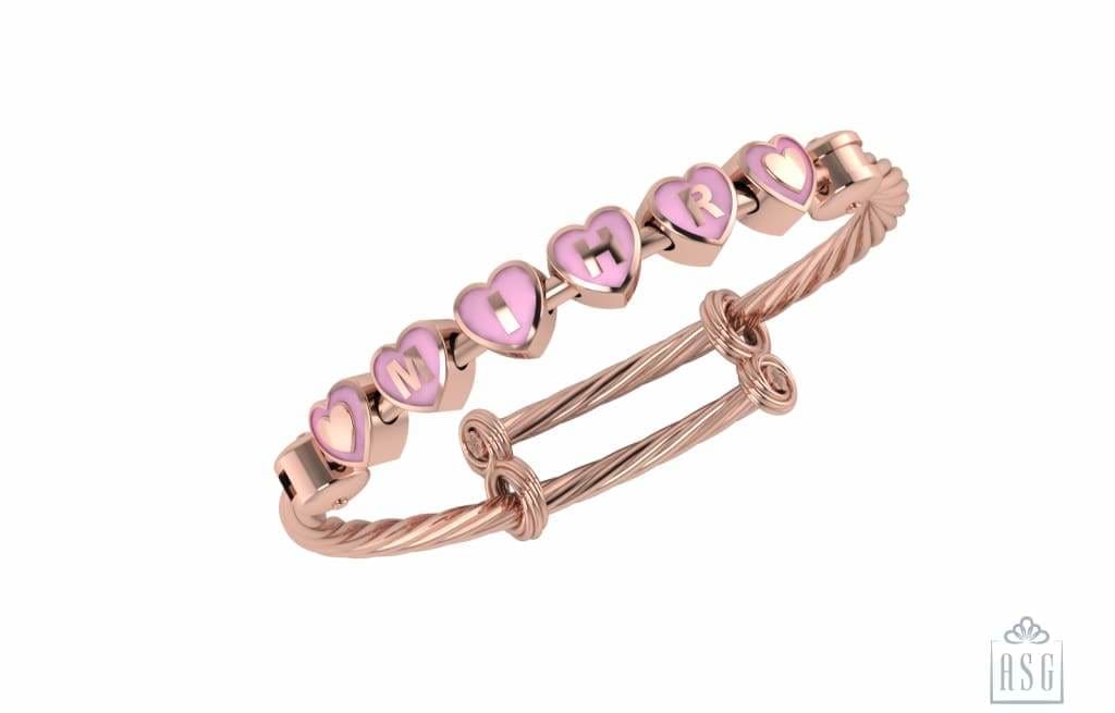 Sterling Silver 18 Kt Pink Gold Plated Heart Babykubes On Twisted Pipe Adjustable Bracelet Kada