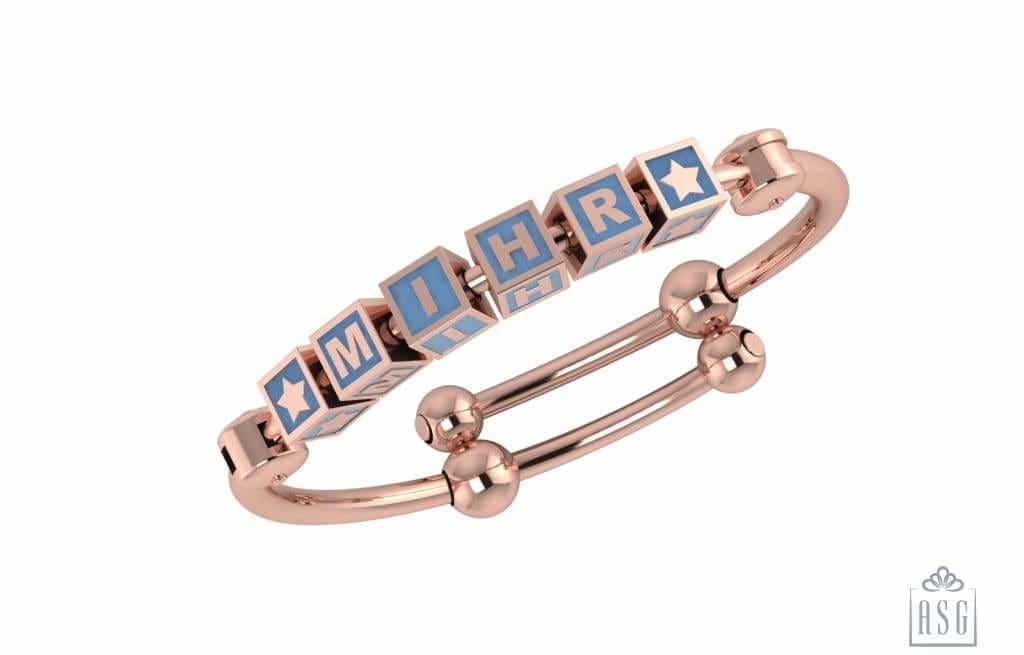 Sterling Silver 18 Kt Pink Gold Plated Square Babykubes On Plain Pipe Adjustable Bracelet Kada Blue