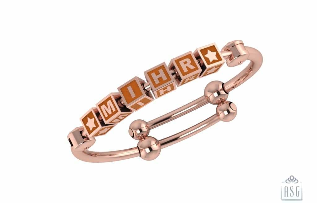 Sterling Silver 18 Kt Pink Gold Plated Square Babykubes On Plain Pipe Adjustable Bracelet Kada