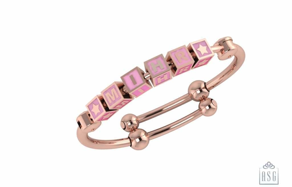 Sterling Silver 18 Kt Pink Gold Plated Square Babykubes On Plain Pipe Adjustable Bracelet Kada