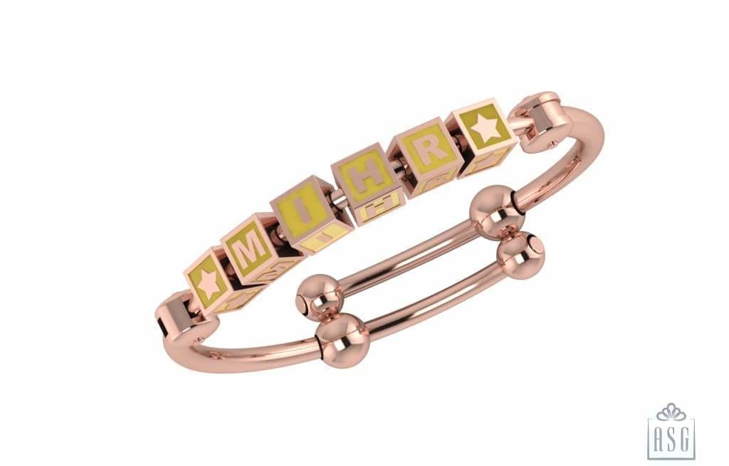 Sterling Silver 18 Kt Pink Gold Plated Square Babykubes On Plain Pipe Adjustable Bracelet Kada