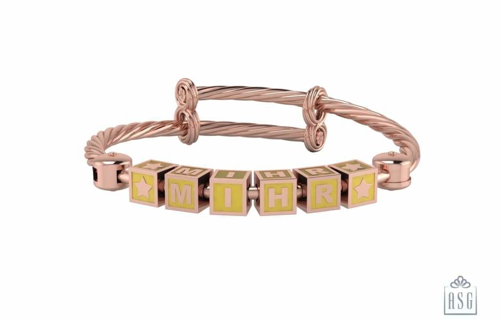 Sterling Silver 18 Kt Pink Gold Plated Square Babykubes On Twisted Pipe Adjustable Bracelet Kada