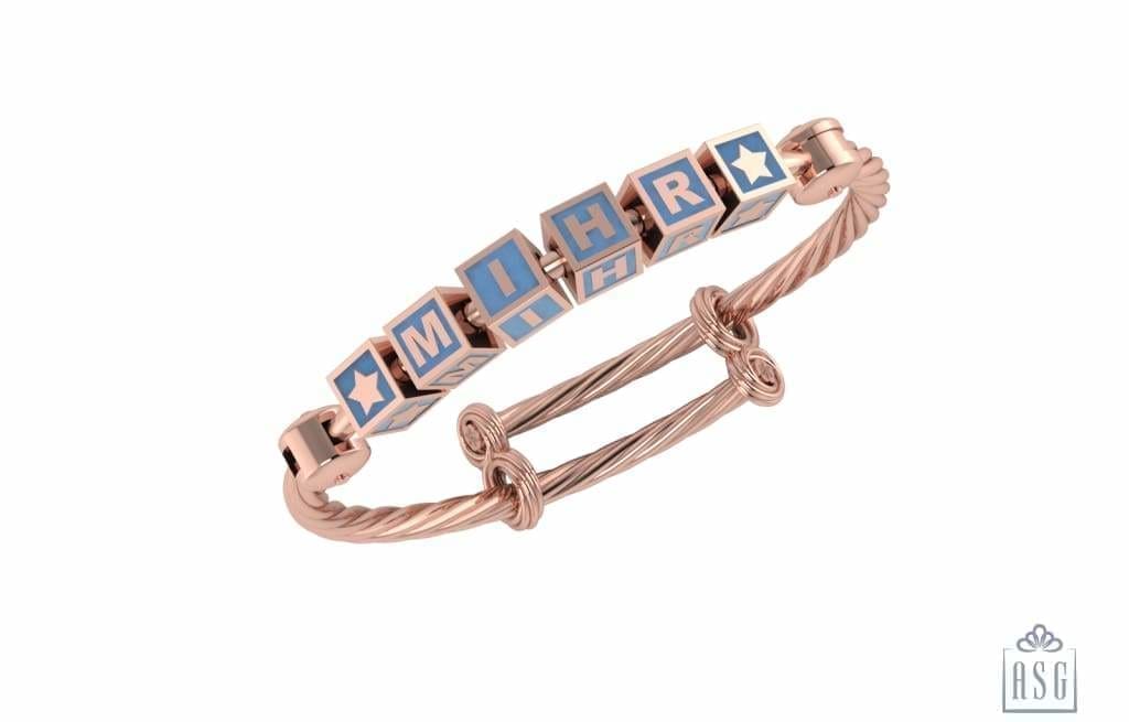 Sterling Silver 18 Kt Pink Gold Plated Square Babykubes On Twisted Pipe Adjustable Bracelet Kada