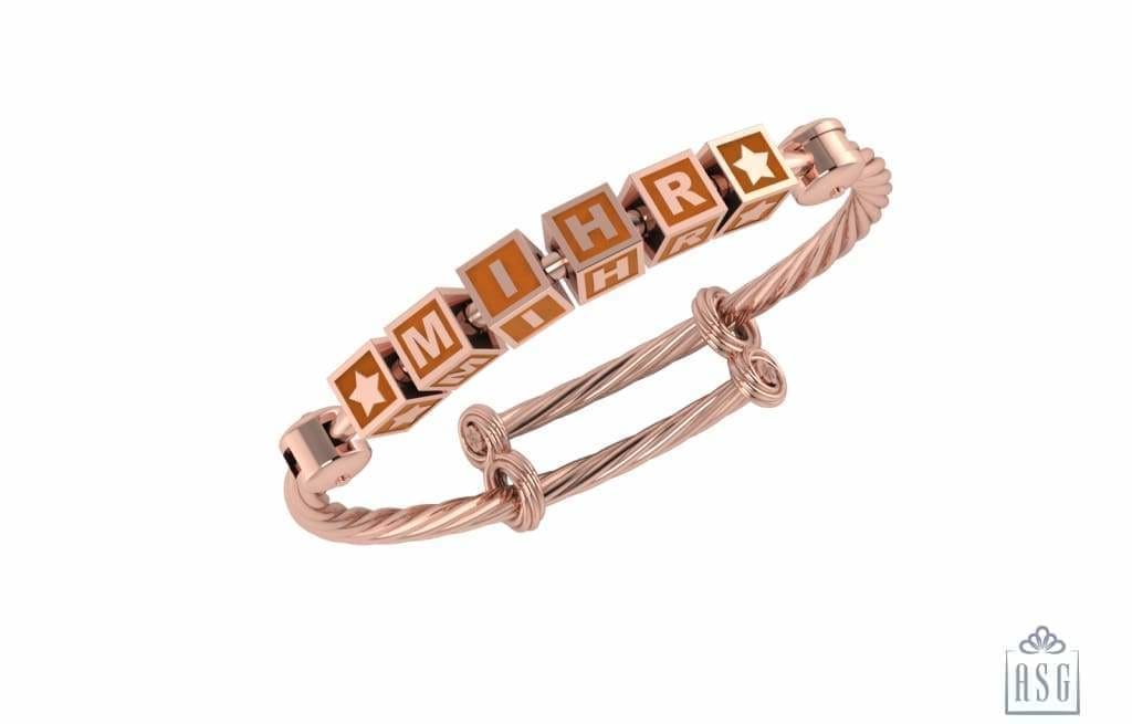 Sterling Silver 18 Kt Pink Gold Plated Square Babykubes On Twisted Pipe Adjustable Bracelet Kada