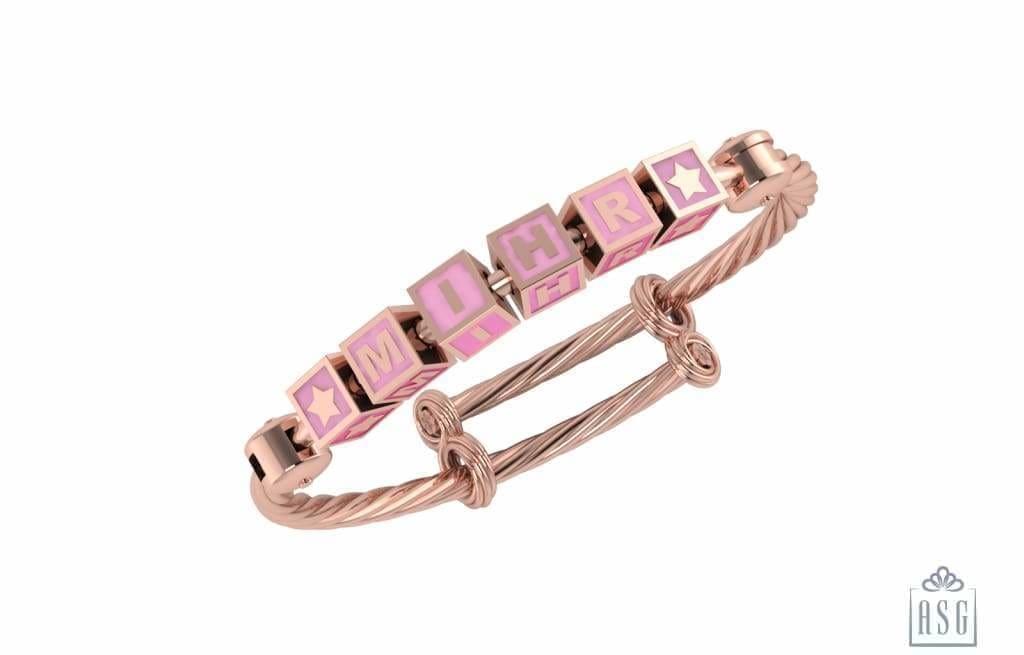 Sterling Silver 18 Kt Pink Gold Plated Square Babykubes On Twisted Pipe Adjustable Bracelet Kada