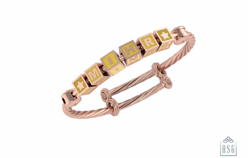 Sterling Silver 18 Kt Pink Gold Plated Square Babykubes On Twisted Pipe Adjustable Bracelet Kada