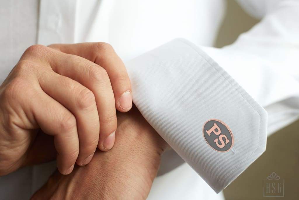 Personalised Sterling Silver Cufflinks Oval With 18 Kt Pink Gold Plating For Men Grey