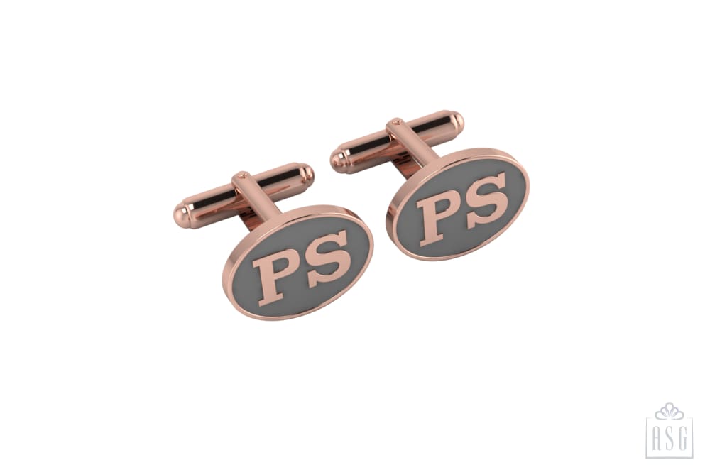 Personalised Sterling Silver Cufflinks Oval With 18 Kt Pink Gold Plating For Men Grey