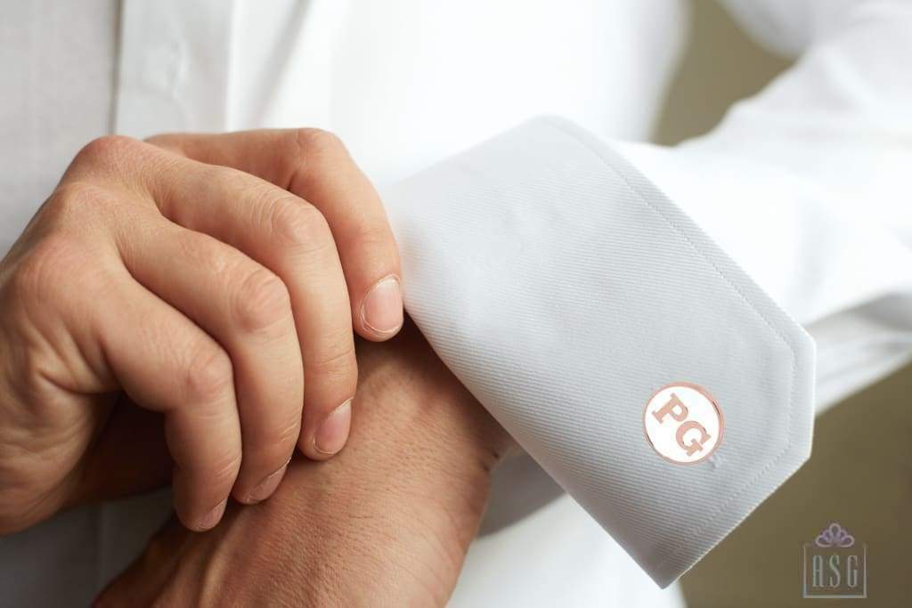 Personalised Sterling Silver Cufflinks Round With 18 Kt Pink Gold Plating For Men White