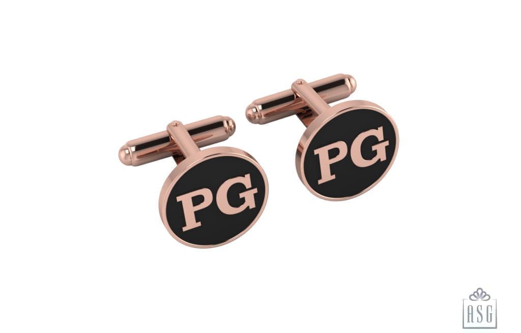 Personalised Sterling Silver Cufflinks Round With 18 Kt Pink Gold Plating For Men Black