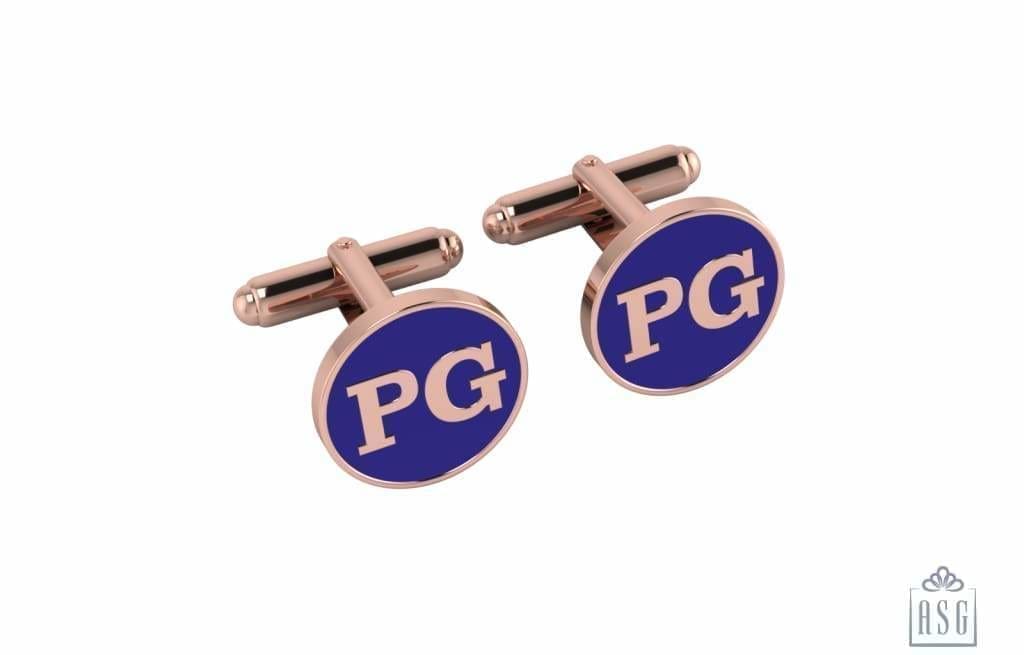 Personalised Sterling Silver Cufflinks Round With 18 Kt Pink Gold Plating For Men Blue