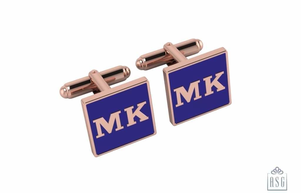 Personalised Sterling Silver Cufflinks Square With 18 Kt Pink Gold Plating For Men Blue