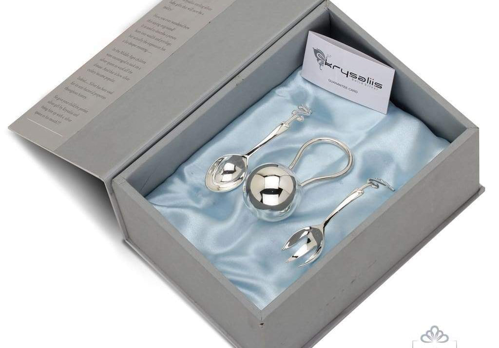 Sterling Silver Gift Set for Baby - Hamper with Rattle and Spoons set