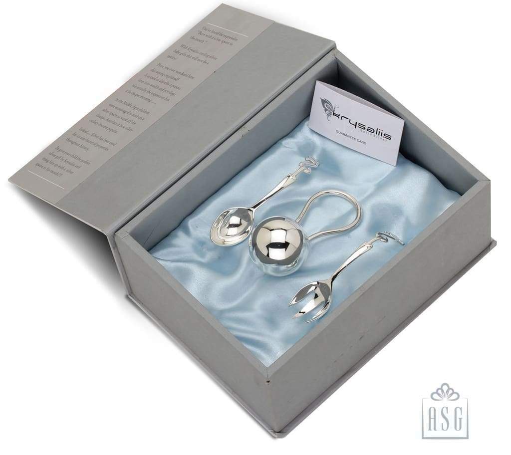 Sterling Silver Gift Set for Baby - Hamper with Rattle and Spoons set