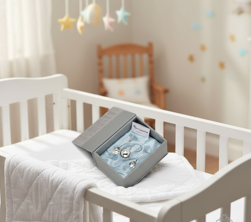 Sterling Silver Gift Set for Baby - Hamper with Rattle and Spoons set