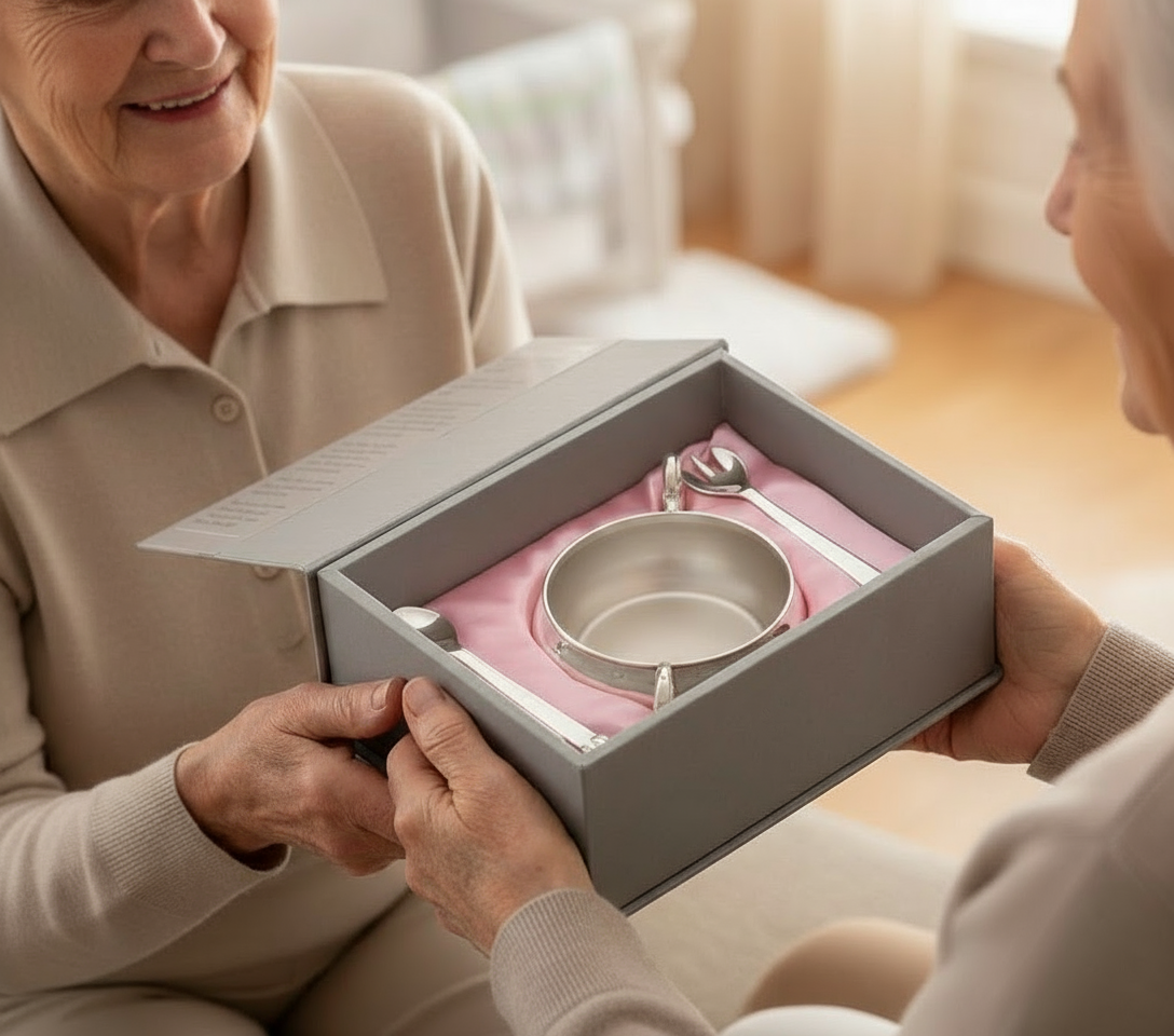 Hamper with Elephant Handle Bowl/Porringer & Elephant Spoon Fork set- Engraveable