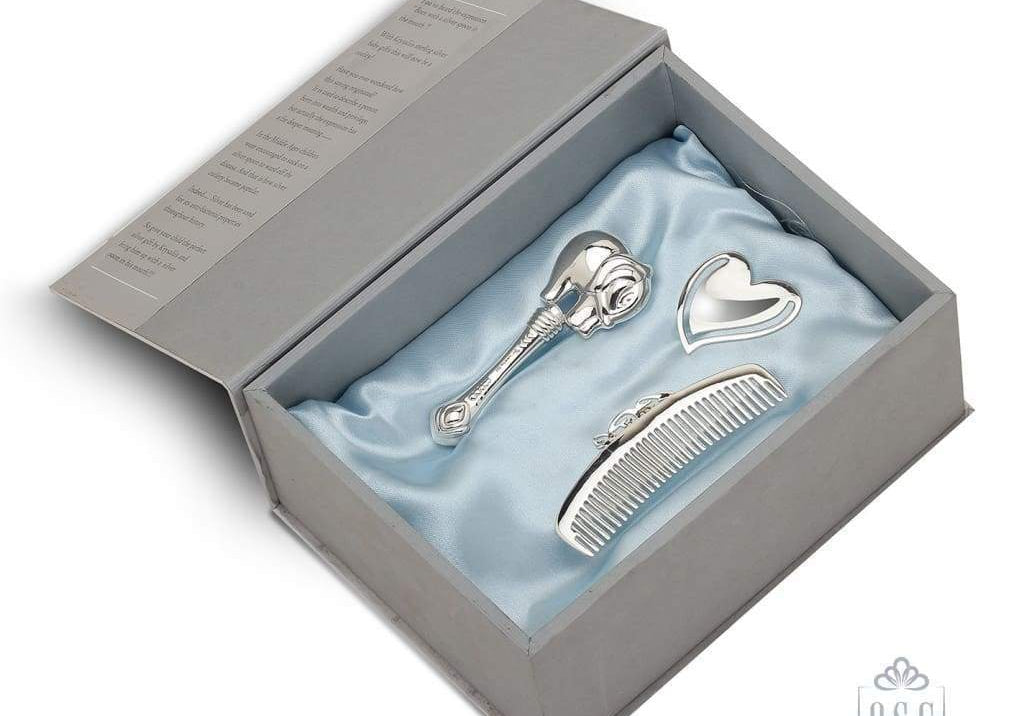 Sterling Silver Gift Set for Baby - Hamper with Rattle, comb & bookmark