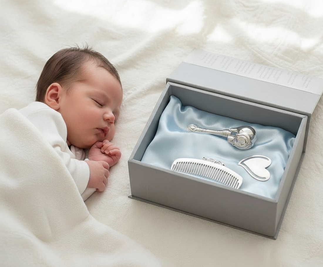 Sterling Silver Gift Set for Baby - Hamper with Rattle, comb & bookmark
