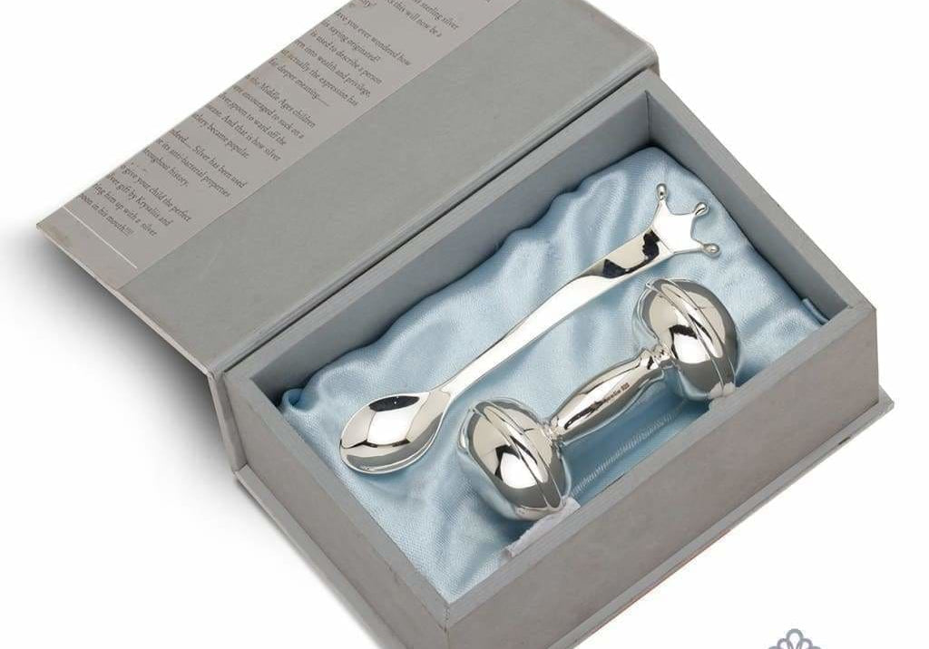 Sterling Silver Gift Set for Baby - Hamper with Rattle & Feeding Spoon