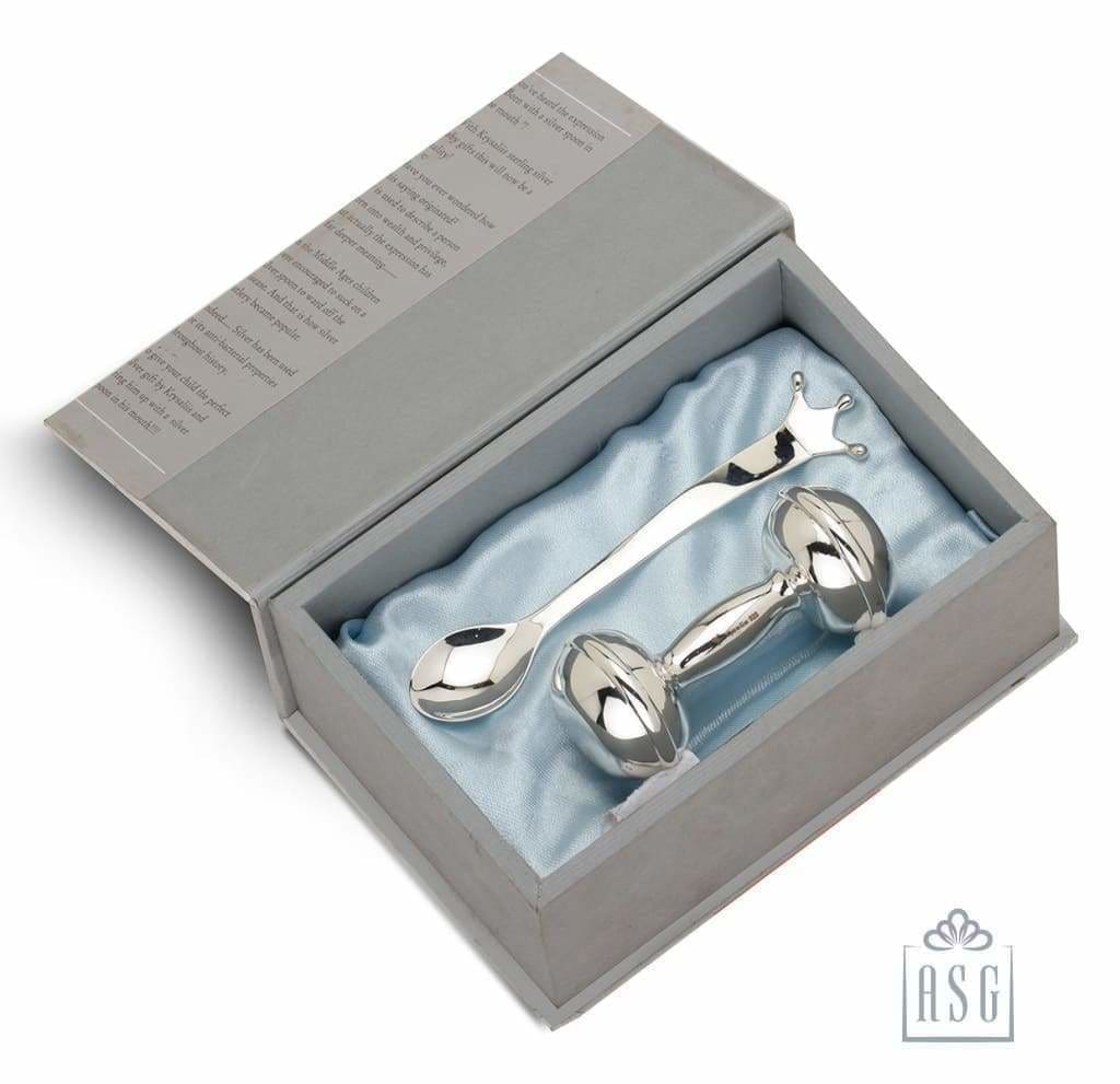 Sterling Silver Gift Set for Baby - Hamper with Rattle & Feeding Spoon
