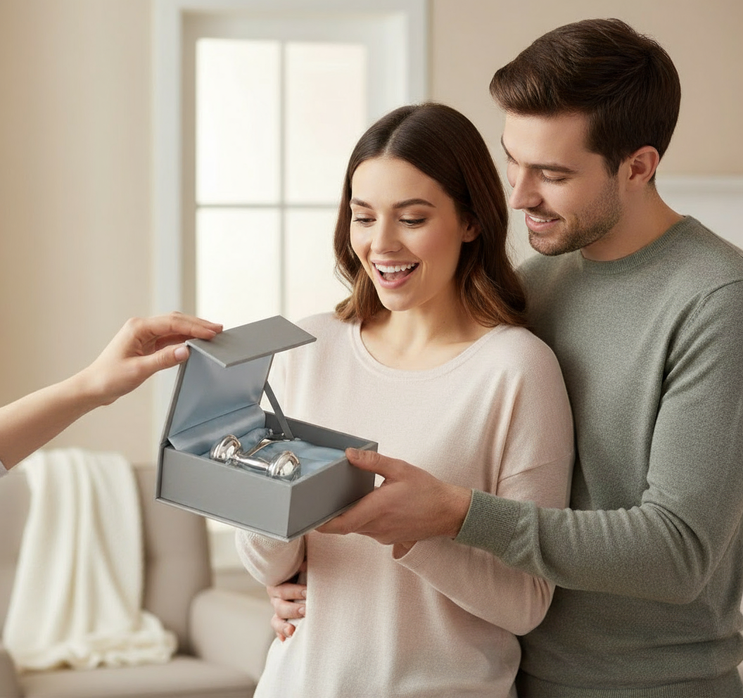 Sterling Silver Gift Set for Baby - Hamper with Rattle & Feeding Spoon