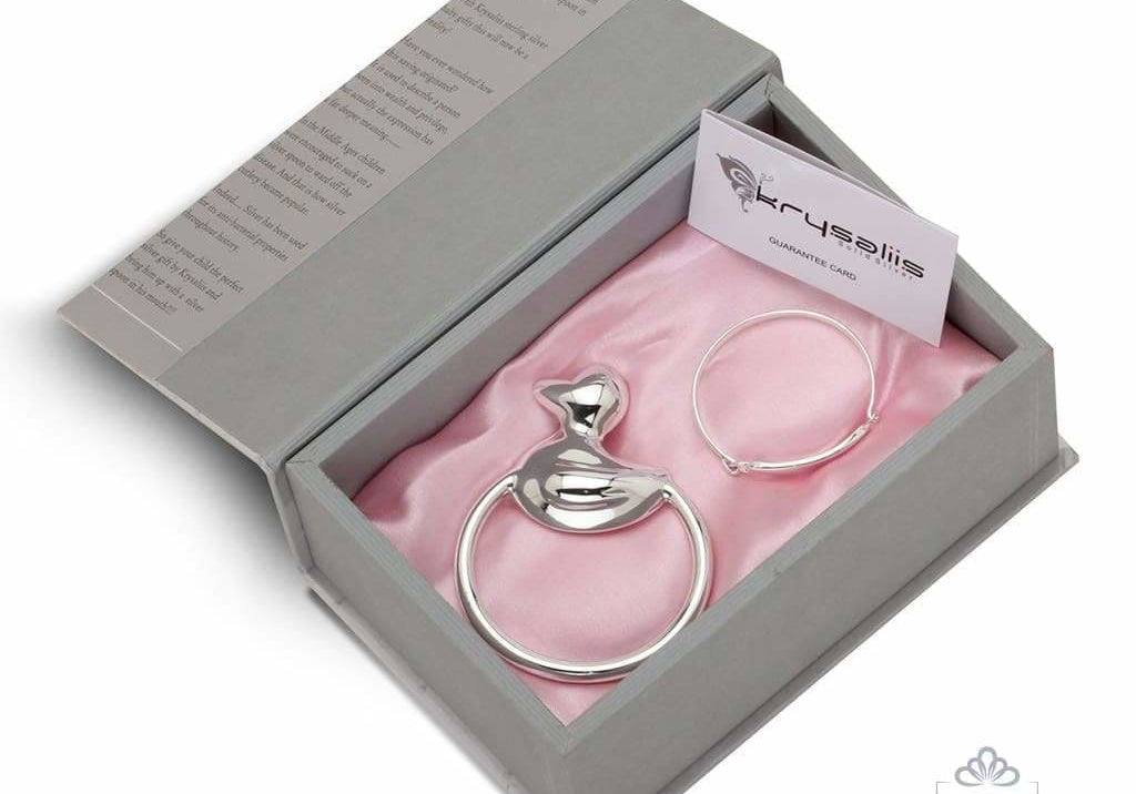 Sterling Silver Gift Set for Baby - Hamper with Bracelet and Rattle