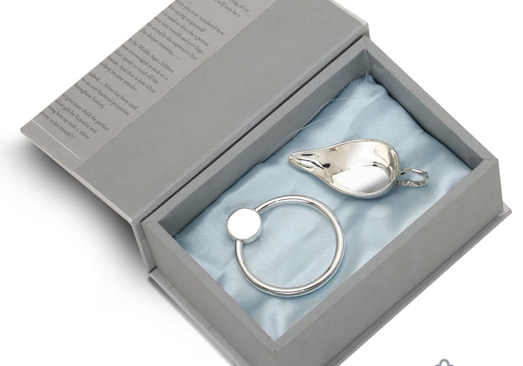 Sterling Silver Gift Set for Baby - Hamper with Feeder and Rattle
