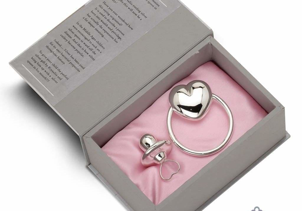 Sterling Silver Infant Toys Gift Set for Baby - Hamper with Rattle and pacifier