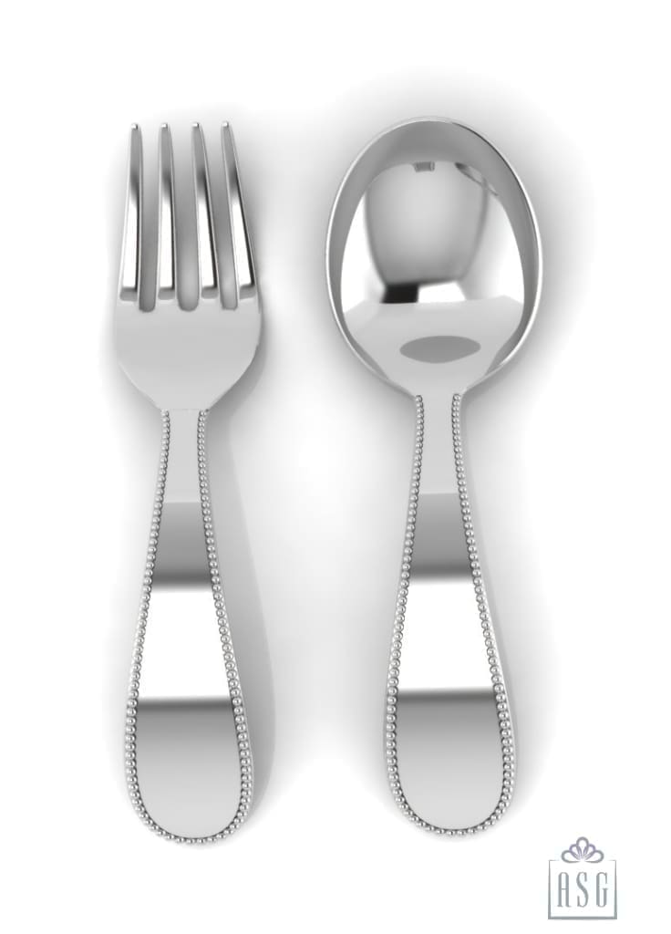 Sterling Silver Baby Spoon & Fork Set - Classic Beaded