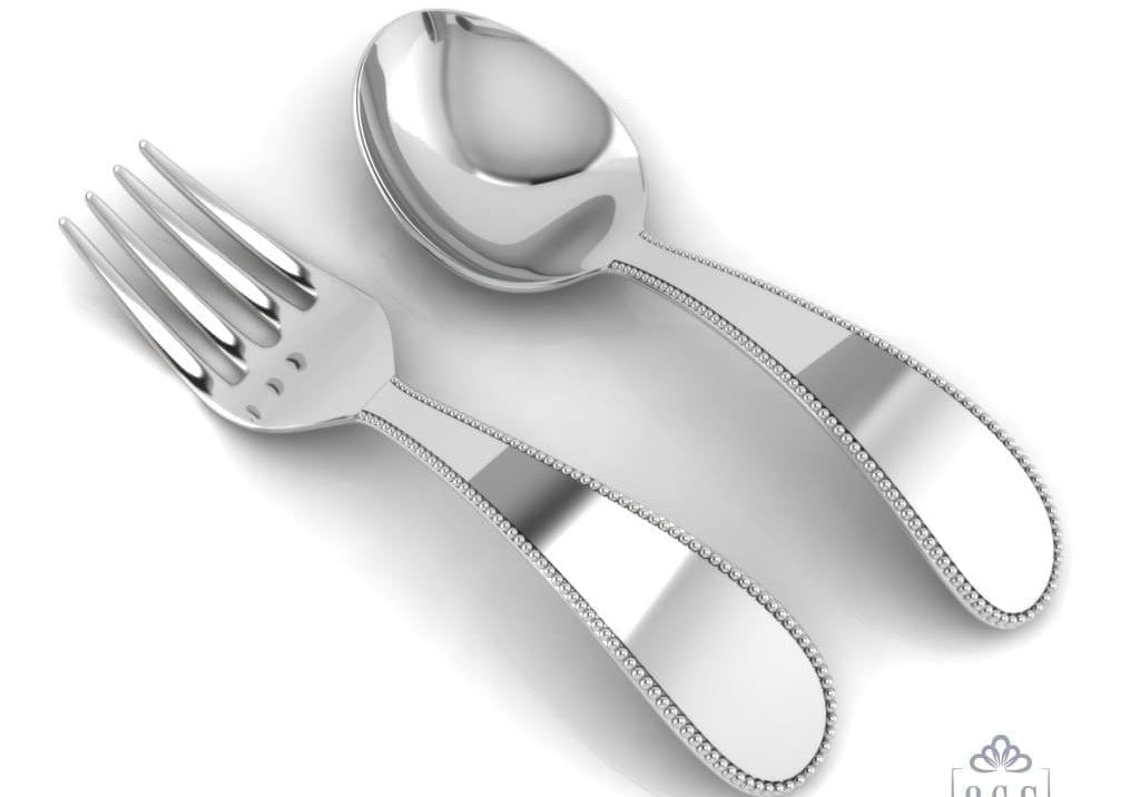 Sterling Silver Baby Spoon & Fork Set - Classic Beaded