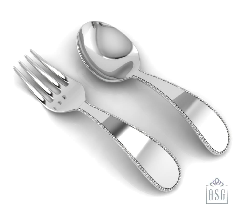 Sterling Silver Baby Spoon & Fork Set - Classic Beaded