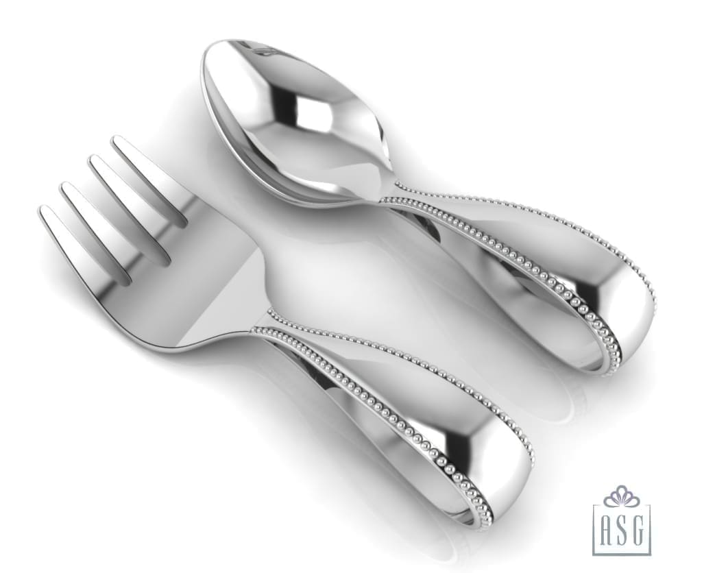 Sterling Silver Baby Spoon & Fork Set - Beaded Loop