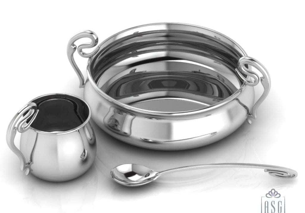 Sterling Silver Dinner Set for Baby and Child - Curved Feeding Set