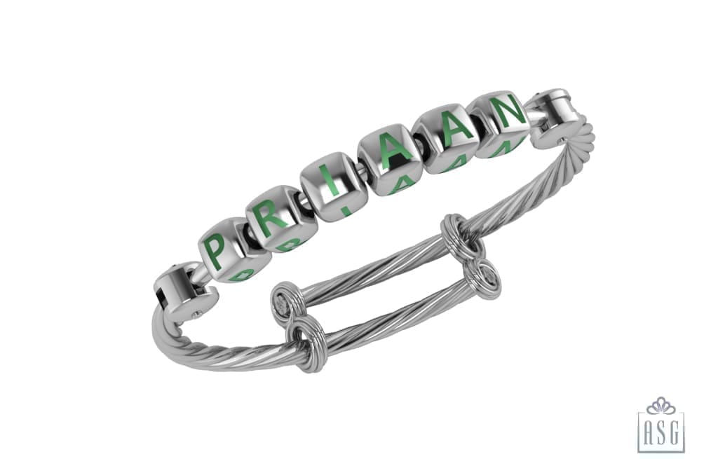 Sterling Silver Dice Babykubes On Twisted Adjustable Bracelet Kada Green Babykubes Baby Kada