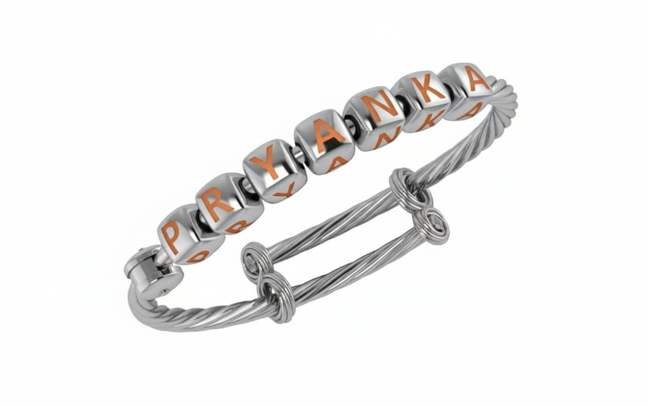 Sterling Silver Dice Babykubes On Twisted Adjustable Bracelet Kada Orange Babykubes Baby Kada