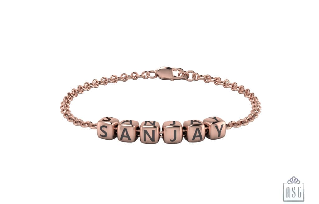 Sterling Silver Dice Cubes Name Bracelet For Boys & Men Pink Gold / For 7 Bracelets And