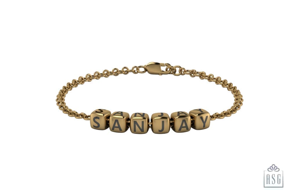 Sterling Silver Dice Cubes Name Bracelet For Boys & Men Yellow Gold / For 7 Bracelets And