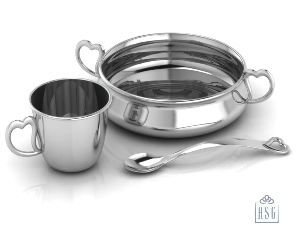 Sterling Silver Dinner Set for Baby and Child - Hearts Feeding Set