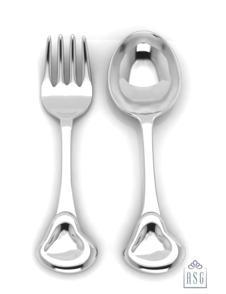 Sterling Silver Baby Spoon & Fork Set - 3D Heart