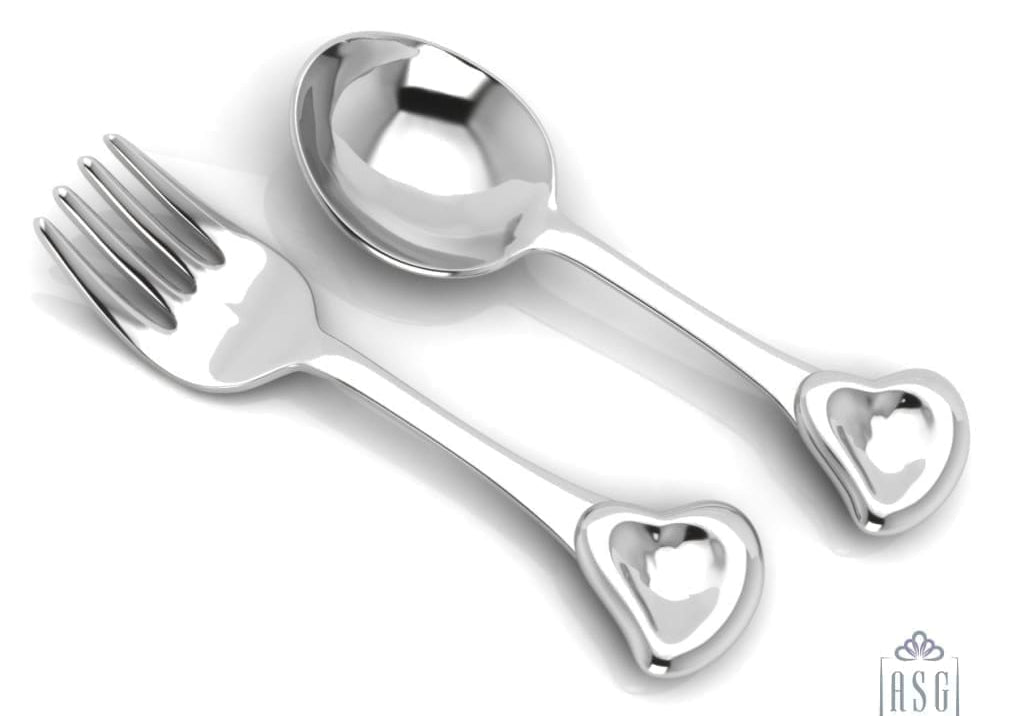 Sterling Silver Baby Spoon & Fork Set - 3D Heart