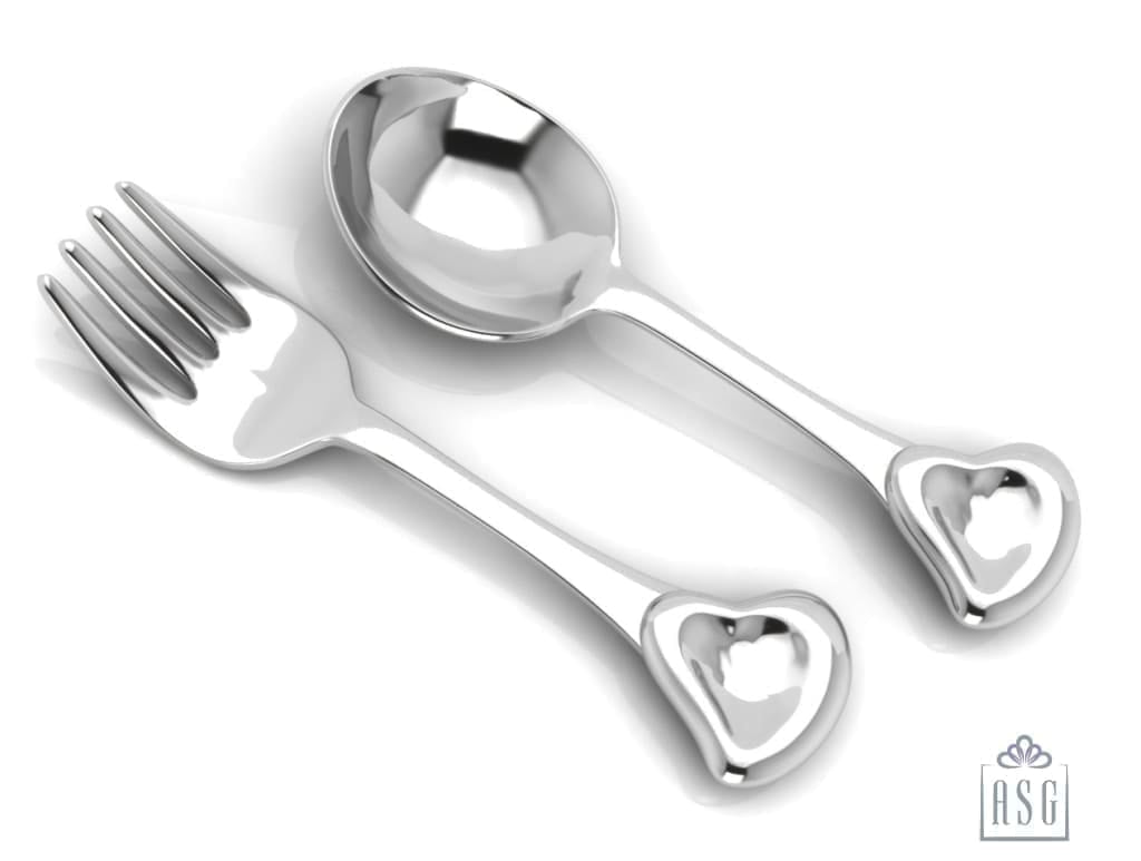 Sterling Silver Baby Spoon & Fork Set - 3D Heart